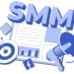 Lettering SMM with megaphone, target and social media content text